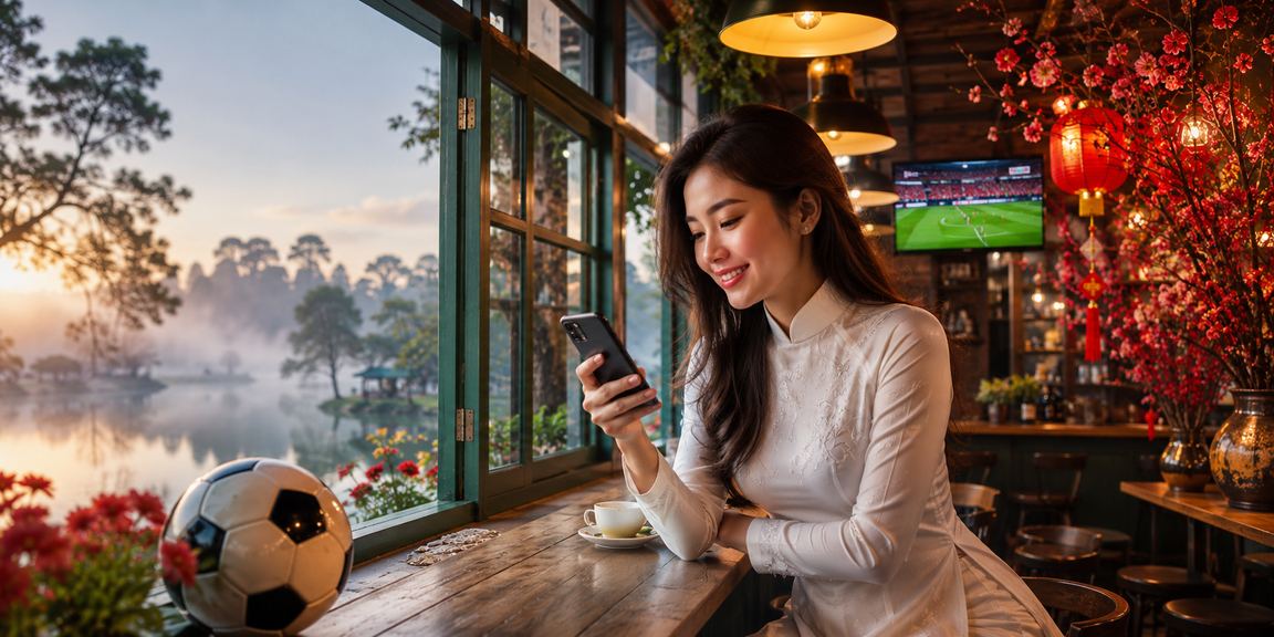 Người phụ nữ mặc áo dài tại Đà Lạt xem kèo bóng đá trực tuyến trên điện thoại