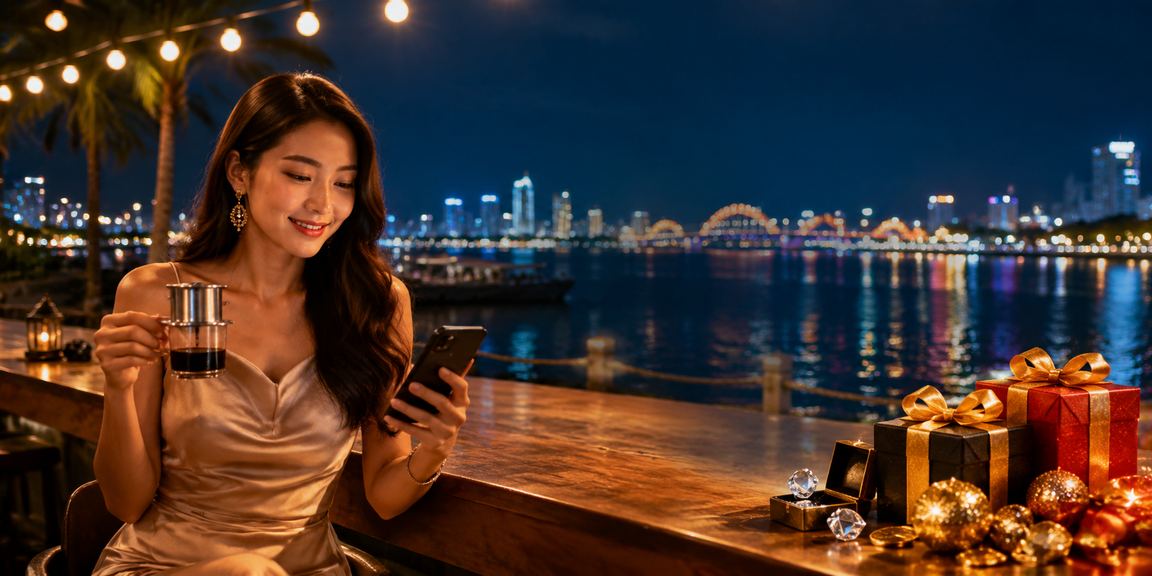 Người dùng xem kèo trên ứng dụng di động tại quán cà phê Đà Nẵng