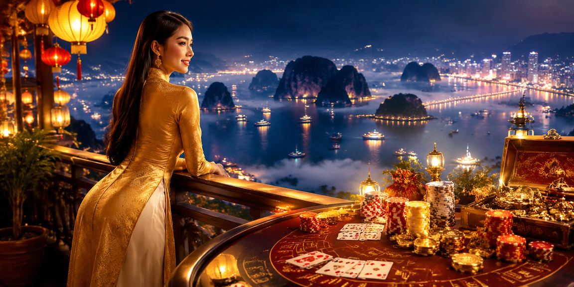 Người phụ nữ mặc áo dài tại Hội An thư giãn bên bàn baccarat trong không khí thoải mái